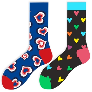 Colorful heart pattern crew socks in blue and black cotton blend for women
