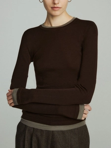 Slim fit brown wool knit sweater with grey-green contrast trim and a classic crew neck