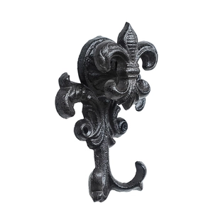 Vintage black cast iron fleur-de-lis wall hook with matte finish for home garden decor