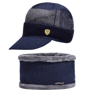 Men's winter knit beanie hat and neck warmer set with fleece lining in navy blue and grey
