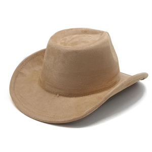 Close-up of a classic suede western cowboy hat in camel brown with thick stitching detail