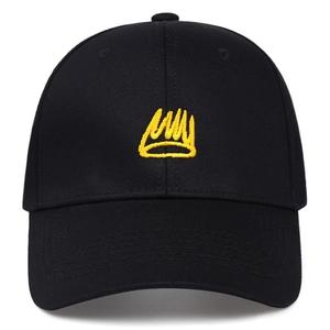 Classic black cotton baseball cap featuring a yellow embroidered crown on the front