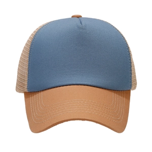 Blue and brown two-tone trucker hat with breathable mesh and curved brim in plain style