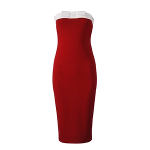 Detail of red slim-fit tube dress with white contrast neckline and bodycon silhouette