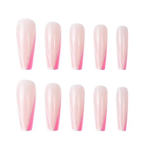 Long coffin glitter fake nails with pink gradient and silver geometric lines on white background