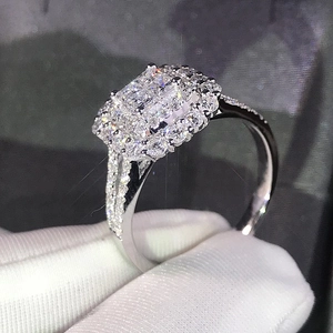Classic luxury micro-pave zircon wedding ring with rectangular center and double halo