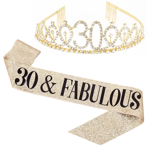 Birthday Anniversary Alloy Rhinestone Tiara And Glitter Fabric Sash Dirty Thirty Milestone Celebration Supplies For Women