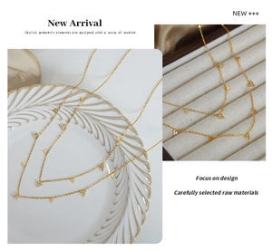 Macro detail of 18K gold plated titanium necklace with tiny triangle crystal charms