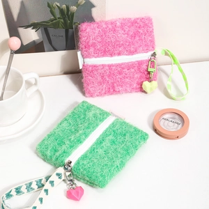 Minimalist plush square coin purse with heart pendant and patterned wrist strap for girls