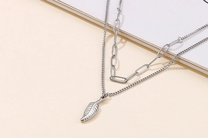 Detail of a silver double-layered necklace featuring a textured wing feather pendant