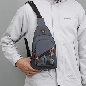 Men's minimalist gray crossbody bag with camo pocket and orange zipper details