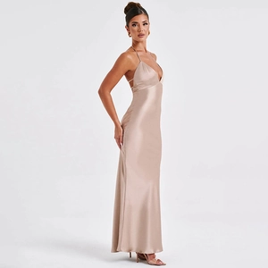 Elegant champagne satin maxi dress with V-neck and backless slim fit design for women