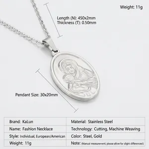 Silver oval Virgin and Child pendant necklace with detailed size and weight specs