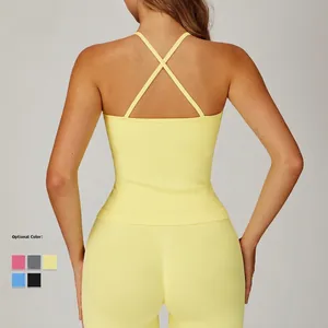Seamless lemon yellow yoga set with crisscross back sports bra and high waist leggings