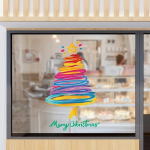 Colorful hand-painted Christmas tree window sticker with Merry Christmas text for glass decor