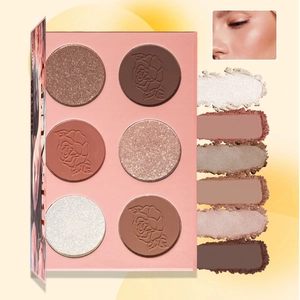 Waterproof 6-color highlighter blush palette with swatches and makeup effect view