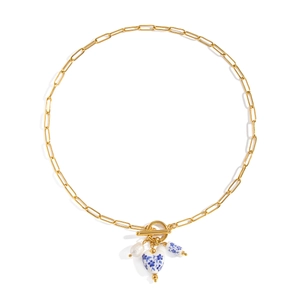 Blue and white porcelain flower pendant necklace with paperclip chain and toggle clasp