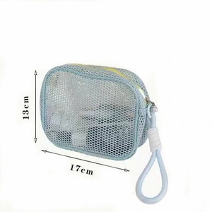 Blue mesh organizer bag dimensions 17cm by 13cm with yellow zipper and hand strap