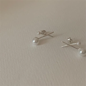 Minimalist 925 sterling silver cross bar earrings with glossy white pearls for women