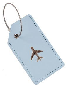 Light blue leather luggage tag with golden airplane icon and steel wire loop strap