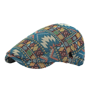 Retro bohemian jacquard ivy cap with geometric patterns and metal buckle side detail