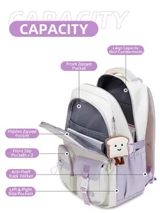 Lavender purple school backpack with multi-layer storage compartments and plush charm