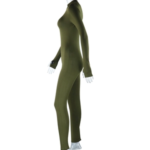 Side view of olive green slim fit long sleeve jumpsuit on transparent mannequin