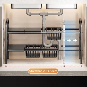 Expandable 2-tier under-sink kitchen storage rack with sliding baskets in black metal