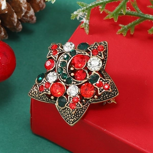 Star-shaped Christmas brooch with moon design and sparkling colorful rhinestones