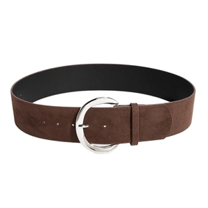 Large ceinture rétro en daim marron foncé avec une boucle ronde en métal argenté