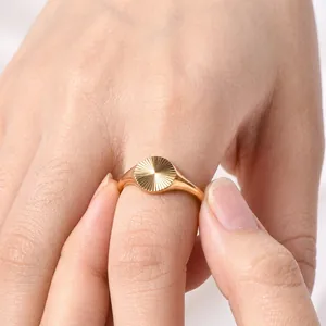18K gold plated sunburst signet ring for women with high polished vintage finish