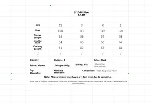 Detailed size chart for women fleece zip-up jacket showing XS to L measurements