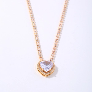 Elegant gold heart pendant necklace with tennis chain and clear zircon stones