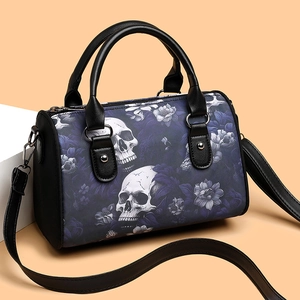 Gothic Skull Floral Print Boston Bag Oxford Cloth Large Capacity Handbag Retro Dark Style Women Crossbody Shoulder Bag
