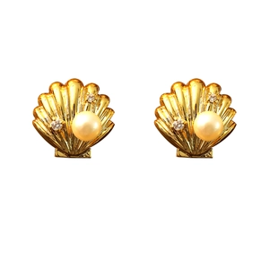 Elegant gold scallop earrings with freshwater pearls and tiny zircons for women