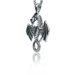 Vintage silver dragon pendant necklace in polished stainless steel for men's jewelry