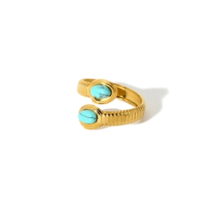 18k gold plated stainless steel open ring with dual turquoise stones and textured band