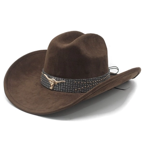 Dark brown faux suede western cowboy hat with a golden bull head metal ornament