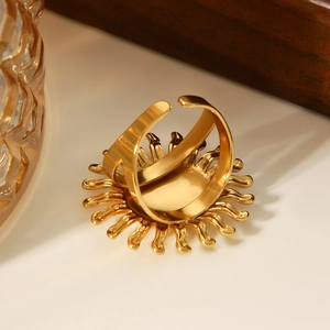 18K gold plated stainless steel sunburst open ring with adjustable band for women