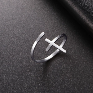 Minimalist silver cross open ring in polished stainless steel for men and women