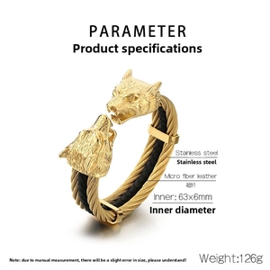 Detailed specs of the gold and black stainless steel wolf head cable bracelet