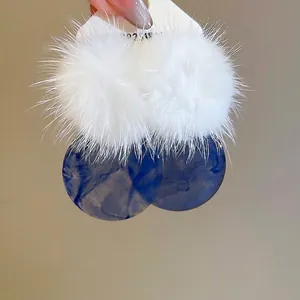 S925 silver needle earrings with white fur ball and blue marble round pendant