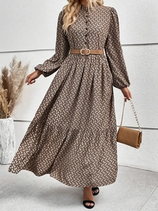 Vintage Geometric Print Maxi Dress For Women Long Sleeve High Waist A-Line Elegant Bohemian Acetate Polyester