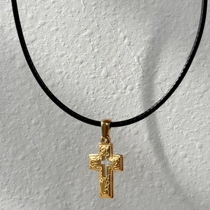 18k gold plated stainless steel cross pendant necklace with black braided cord