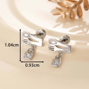 Silver spoon and fork earrings with lock pendant, 1.04cm height minimalist jewelry