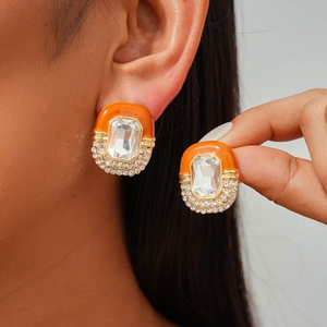 Retro luxury oval earrings with orange enamel, rectangle gemstone and crystals