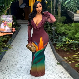 Women Maxi Dress V Neck Ruffle Long Sleeve Bird Of Paradise Print Slim Fit Knitted Bodycon Tropical Floral