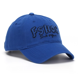 Detail of royal blue baseball cap with 3D embroidery and durable cotton twill fabric