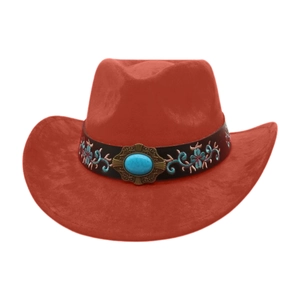 Detail of red faux suede cowboy hat showing turquoise stone and floral embroidery