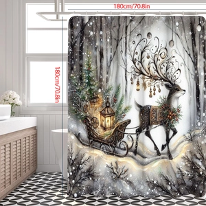 Christmas shower curtain featuring festive reindeer sled in snowy winter forest scene